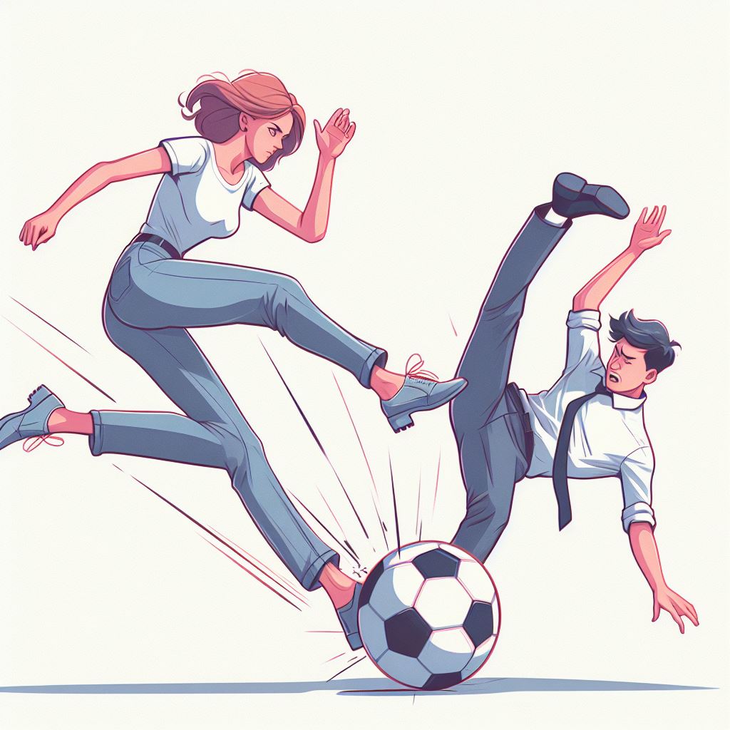 La imagen muestra a una mujer y un hombre jugando futbol. El balón es blanco y negro, se encuentra ubicado en el centro de la imagen. El hombre parece estar cayendo hacia atrás al mismo tiempo que refleja sorpresa.