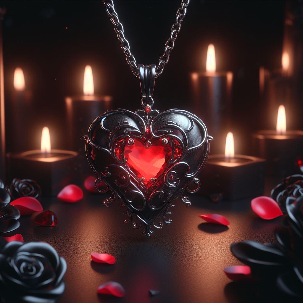 un collar de aspecto gótico, hecho en flores negras y pétalos rojos, con un rubí en forma de corazón negro.