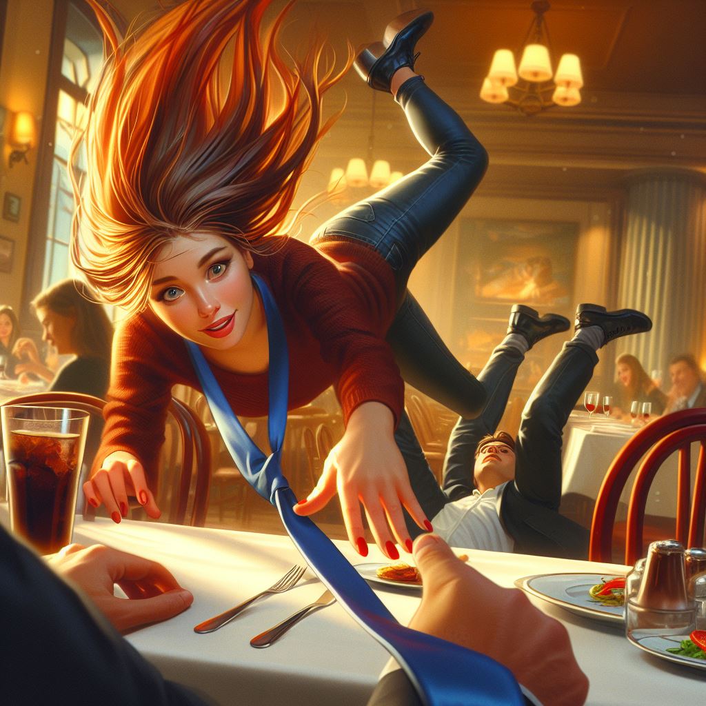  La imagen muestra a una mujer joven flotando a centímetros del suelo en un restaurante. El restaurante parece acogedor y la mujer está sosteniendo una corbata de color azul que se extiende hasta el cuello de un hombre que está sentado a la mesa. La escena parece representar que la mujer ha caído y se sostiene de la corbata del hombre que mira sorprendido