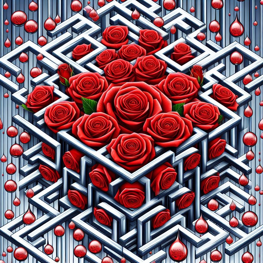 La imagen muestra un laberinto tridimensional en tonos de azules y grises. Del interior del laberinto, nacen rosas rojas vibrantes y caen gotas de lluvia color rojo.