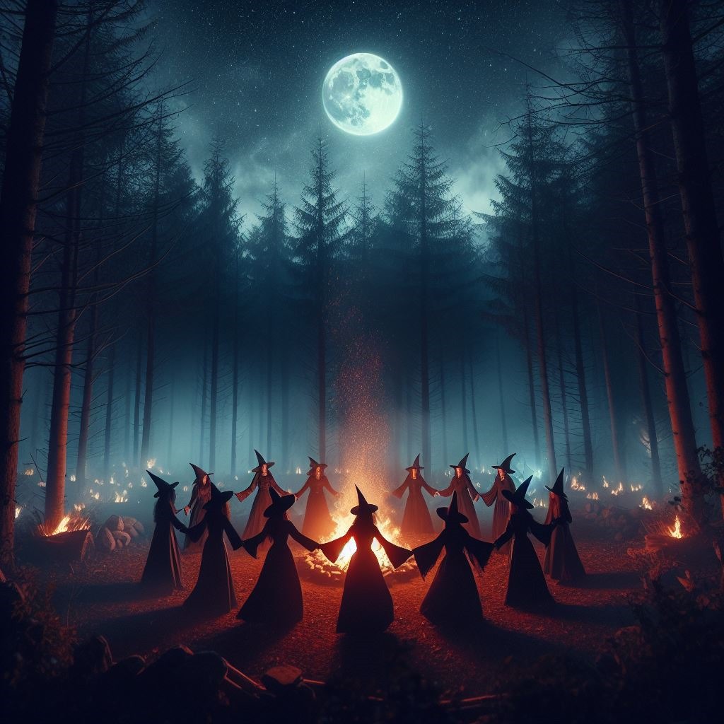 La imagen muestra un grupo de figuras con sombreros puntiagudos que danzan al rededor de un círculo de fuego en medio del bosque en plena noche.