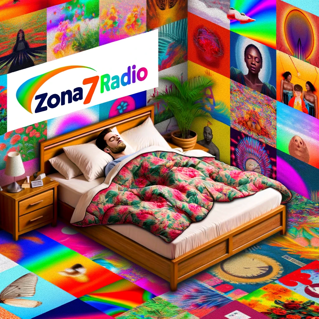La imagen muestra a una persona durmiendo en una cama perfectamente tendida, mientras que a su al rededor el caos se refleja en colores en las paredes y el suelo.